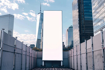 Urban landscape enhanced by a narrow, tall blank billboard on a patterned concrete barrier.