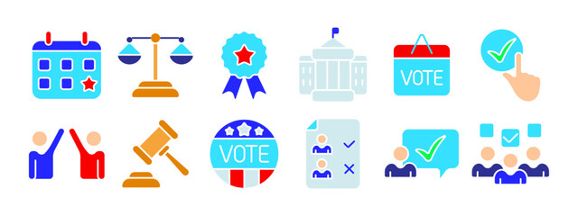 Election set icon. Calendar with star, balance scales, award ribbon, government building, sign, hand pointing at check mark, gavel, badge, candidate list. Elections, democracy.