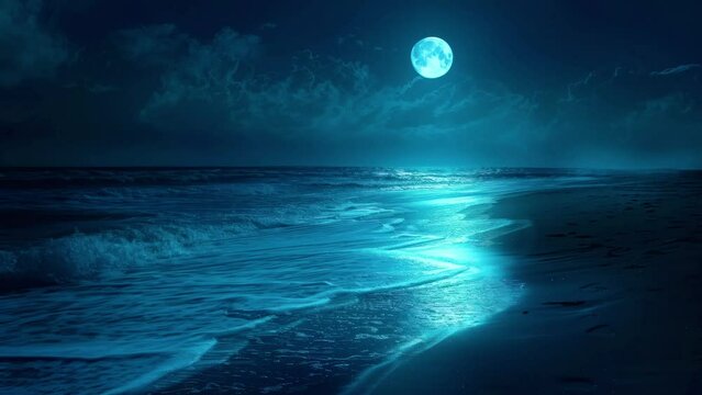 Moonlit Beach Night with Glowing Waves