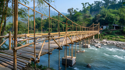 Bamboo pedestrian suspension bridge over river, generative Ai