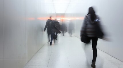 Fototapeta premium Blurred motion silhouettes of people walking through a brightly lit urban corridor, capturing the energy of city life