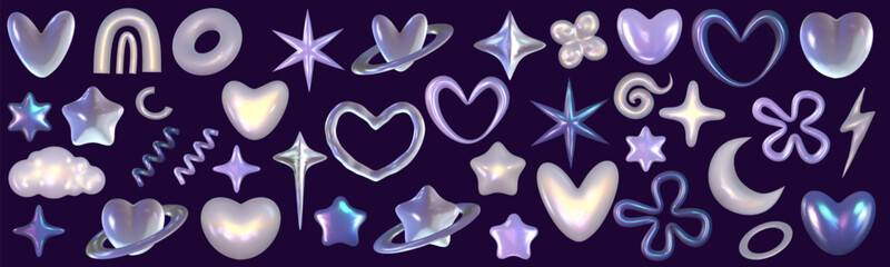 Chrome 3d set metal element. Heart, star and flower holographic shape. 3d chrome vector for futuristic and 90s design