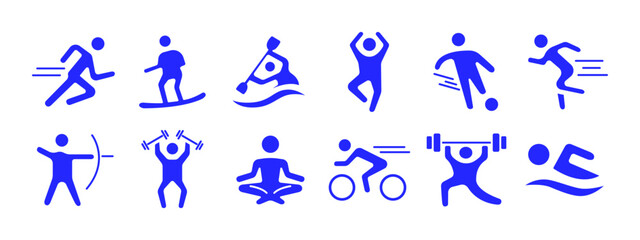 Sport set icon. Running, surfing, kayaking, jumping, soccer, archery, weightlifting, yoga, cycling, swimming. Physical activity and fitness concept.