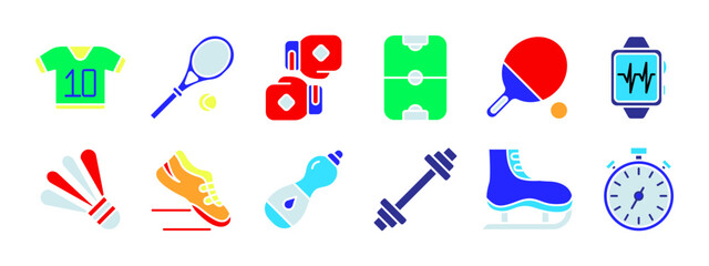 Sport equipment set icon. Jersey, tennis racket, boxing gloves, field, table tennis paddle, smartwatch, shuttlecock, running shoe, water bottle, dumbbell, ice skate, stopwatch. Fitness and exercise