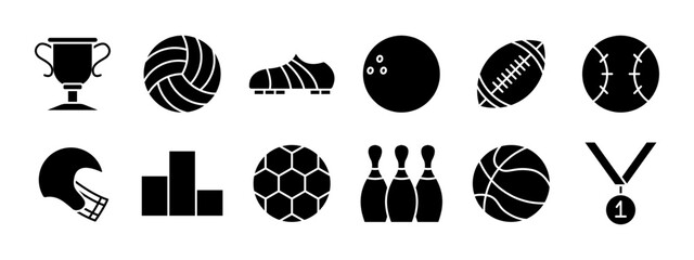 Fototapeta premium Sports set icon. Trophy, volleyball, soccer cleat, bowling ball, football, baseball, helmet, podium, soccer ball, bowling pins, basketball, medal. Sports and competition concept.