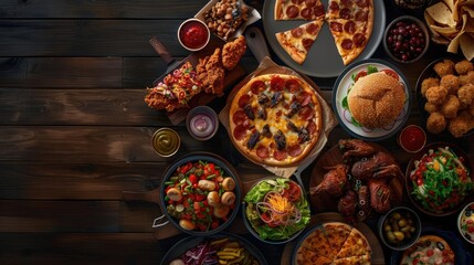 A variety of delicious fast food items including pizza, burgers, fried chicken, and more, arranged on a wooden table.