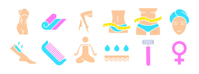 Beauty and wellness set icon. Female body, yoga mat, legs, waist with measuring tape, face with towel, waxing, comb, yoga, water drops, razor, female symbol. Health and self-care concept.
