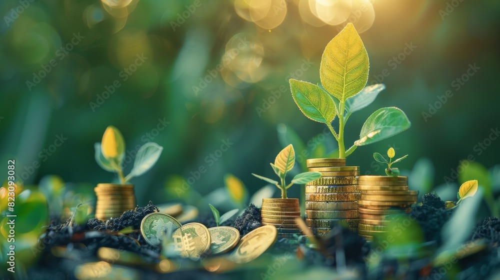 Poster a growing plants surrounded in the style of stacks of coins, symbolizing financial growth and develo