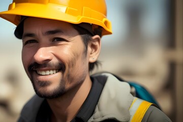 a man construction worker smiling, happy, on the job, trades, Builder, Hardhat, Uniform, Tools, Safety, Site, Equipment, Labor, Industrial, Blue-collar, Handsome, Confident, Cheerful, Positive, Work
