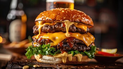 Delicious double cheeseburger with fresh lettuce and a sesame seed bun, perfect for food lovers and gourmet cuisine enthusiasts.