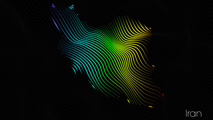 A map of Iran is presented in the form of colorful vertical lines against a dark background. The country's borders are depicted in the shape of a rainbow-colored diagram.