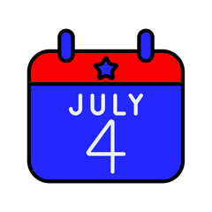 July 4th calendar icon. Blue and red colors with a star. Symbol of Independence Day, national celebration, and American pride.