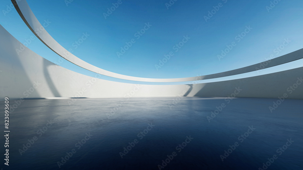 Poster 3d render of abstract futuristic architecture with concrete floor.