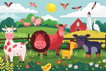Cartoon farm animals collection in a garden with cow, sheep, pig, chicken, and rabbit, under a sunny sky, surrounded by nature