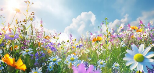 A beautiful field of wildflowers under the bright sun, with vibrant colors and a clear blue sky in the background