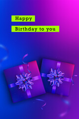 Realistic presents with birthday message. Vertical social media template.