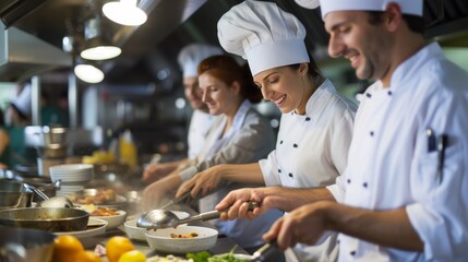 A team of professional chefs in white uniforms busy preparing various dishes in a well-equipped commercial kitchen, demonstrating skill and cooperation.