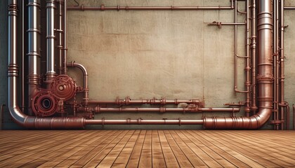 Vintage steampunk backdrop with pipes, stucco wall and wooden floor. Open space with concrete wall,...