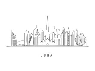 Detailed Dubai skyline vector illustration. Dubai buildings in line art style, perfect for modern designs.