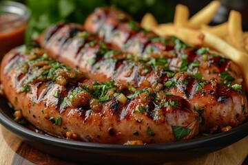 Currywurst - Sliced sausage topped with curry ketchup, served with fries. 