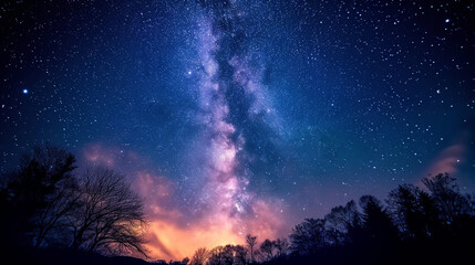 Fototapeta premium Night starry sky with orange sunset on background of forest landscape