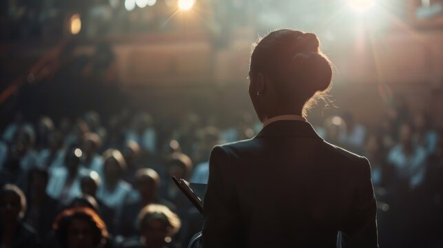 Businesswoman engages the crowd with her confident and motivational presentation