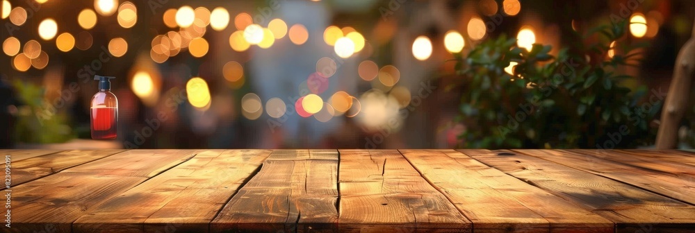 Poster empty wooden table top with blurred background of night bar or restaurant for product display presen