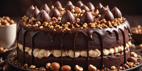 Symbols of birthday celebration:Chocolate hazelnut cake, hazelnut pieces, chocolate hazelnut spread, whole hazelnuts, chocolate curls, hazelnut drizzle