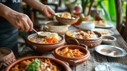 Obraz premium A variety of traditional Thai dishes prepared and served in an authentic rustic setting with fresh ingredients.