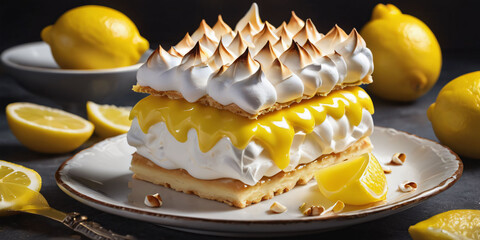 Symbols of birthday celebration:Lemon meringue cake, meringue peaks, lemon curd, lemon slices, torched meringue, lemon zest