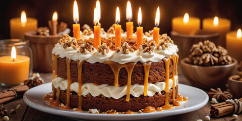 Symbols of birthday celebration:Carrot cake, walnut pieces, orange zest, cream frosting, caramel drizzle, cinnamon sticks