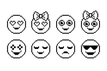 Set of emoticons in pixel art style on white background