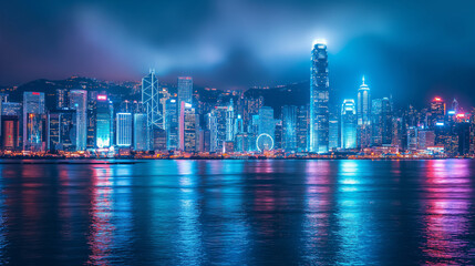 Fototapeta premium Skyline of a modern city at night with illuminated buildings.