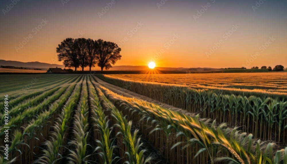 Poster the golden hour casts warm tones over a wheat field, with rows leading to a cluster of trees under a