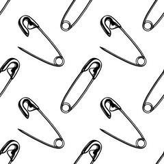 Punk seamless pattern. Metal chrome safety pin with heart. Rock background drawn on white background. Repeating print for fabric, wrapping paper, textile