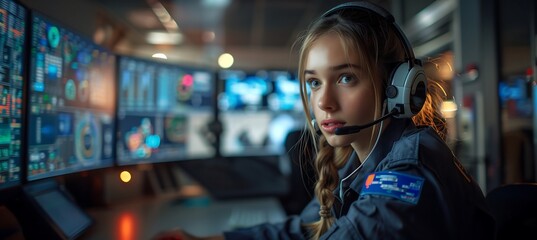 female security worker in uniform, talking on wireless headset at control room