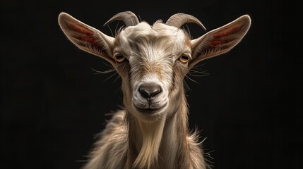 Fototapeta premium A serene domestic goat's face illuminated from behind, showcasing its calm gaze and textured fur