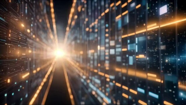 Abstract digital data stream visual. High-speed light particles. Cybersecurity and technology concept.4k JD