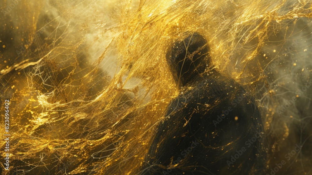 Poster an enigmatic figure cloaked in golden threads, creating a mysterious and powerful image with a sense