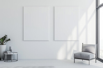 Two small square blank posters symmetrically aligned in a modern gallery, clean and broad white backdrop.
