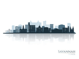 Savannah skyline silhouette with reflection. Landscape Savannah, Georgia. Vector illustration.