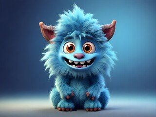 Cute blue furry monster 3D cartoon character