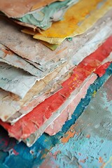 Many assorted colored papers scattered on a table