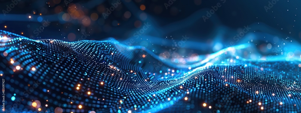 Poster futuristic blue wave with many dots in it. the dots are spread across the waveform, giving a very co