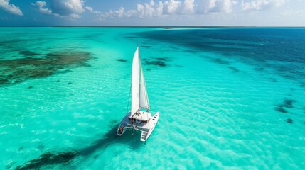 High-angle view of a catamaran sailing on a clear turquoise sea, showcasing vast ocean and a distant horizon under clear skies.
