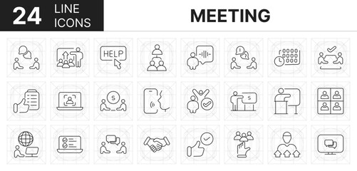Collection of 24 Meeting line icons featuring editable strokes. These outline icons depict various modes of Meeting, leadership, contact, study, leader, workplace,