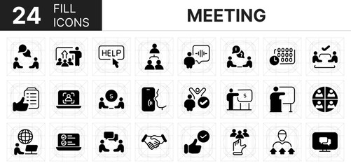Collection of 24 Meeting fill icons featuring editable strokes. These outline icons depict various modes of Meeting, leadership, contact, study, leader, workplace,