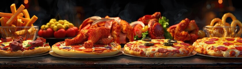 Delicious spread of pizzas, fried chicken, fries, and other finger foods placed on a wooden table,...