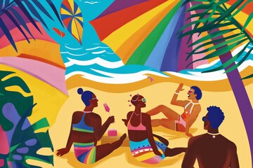 Fototapeta premium Detailed sandcastle with rainbow-colored sand waves. Artistic, vibrant scene highlights creativity and LGBTQ+ pride. Bright colors and intricate design represent joy, unity, and celebration.