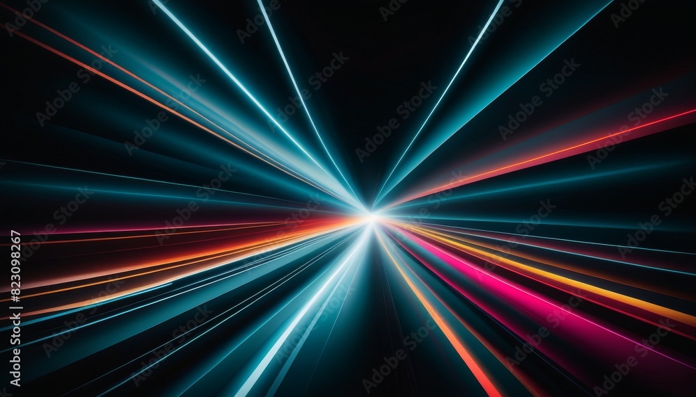 Poster an abstract representation of an explosion of neon lights, radiating from a central bright white lig